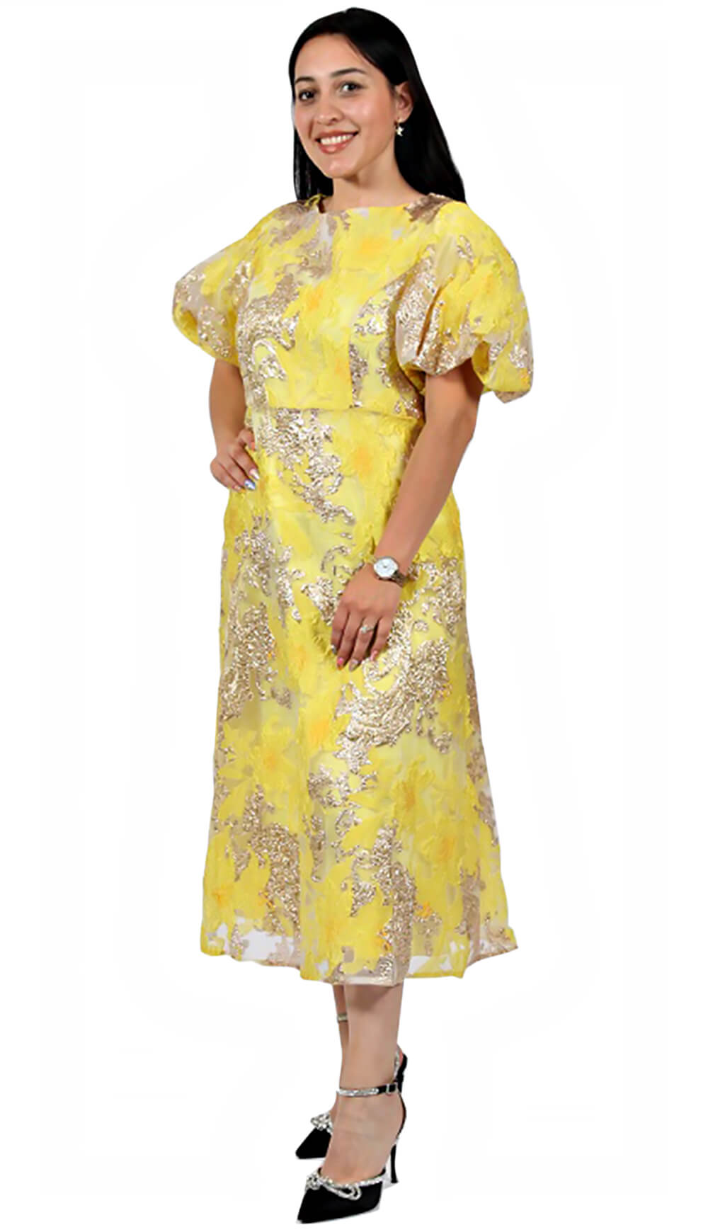 Diana 1 Piece Metallic Brocade Dress 8691-YEL Size 8-24