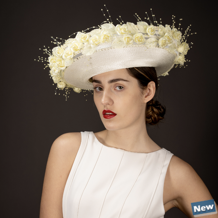 Ivory Rose Wreath Profile Poly Hat 301920