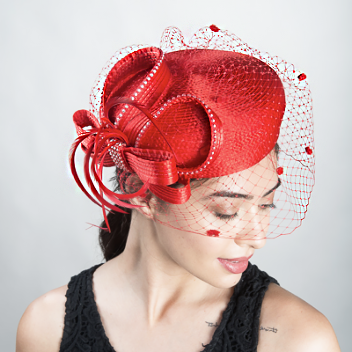 Red Satin Ribbon Veil Pillbox Hat