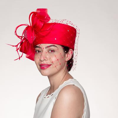 Red Satin Ribbon Veil Pillbox Hat