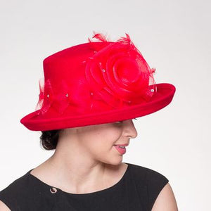 Red Crinoline Flower Trim Wool Felt Hat 400797