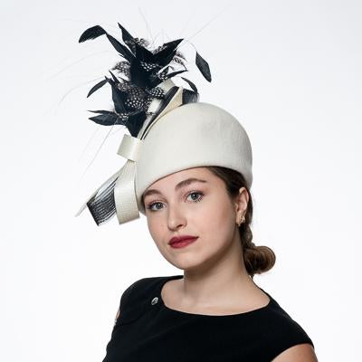 Pillbox Wool Felt Hat With Satin Feather Bow 400816